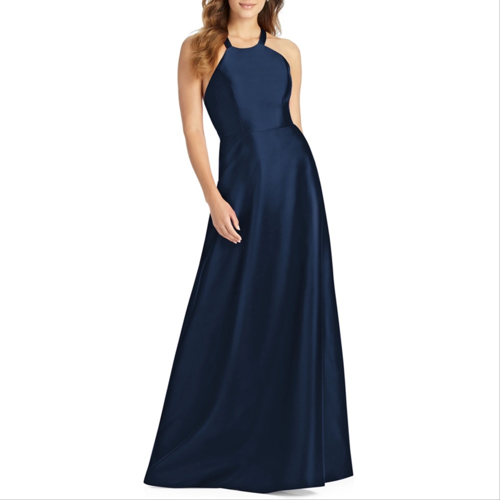 Alfred Sung D763 Halter Criss Cross Back Sateen Twill Gown